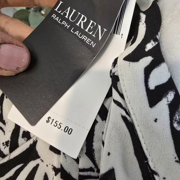Lauren Ralph Lauren Paisley Black White Puff Sleeve Midi Dress 8 MSRP $155.00 - Picture 8 of 9